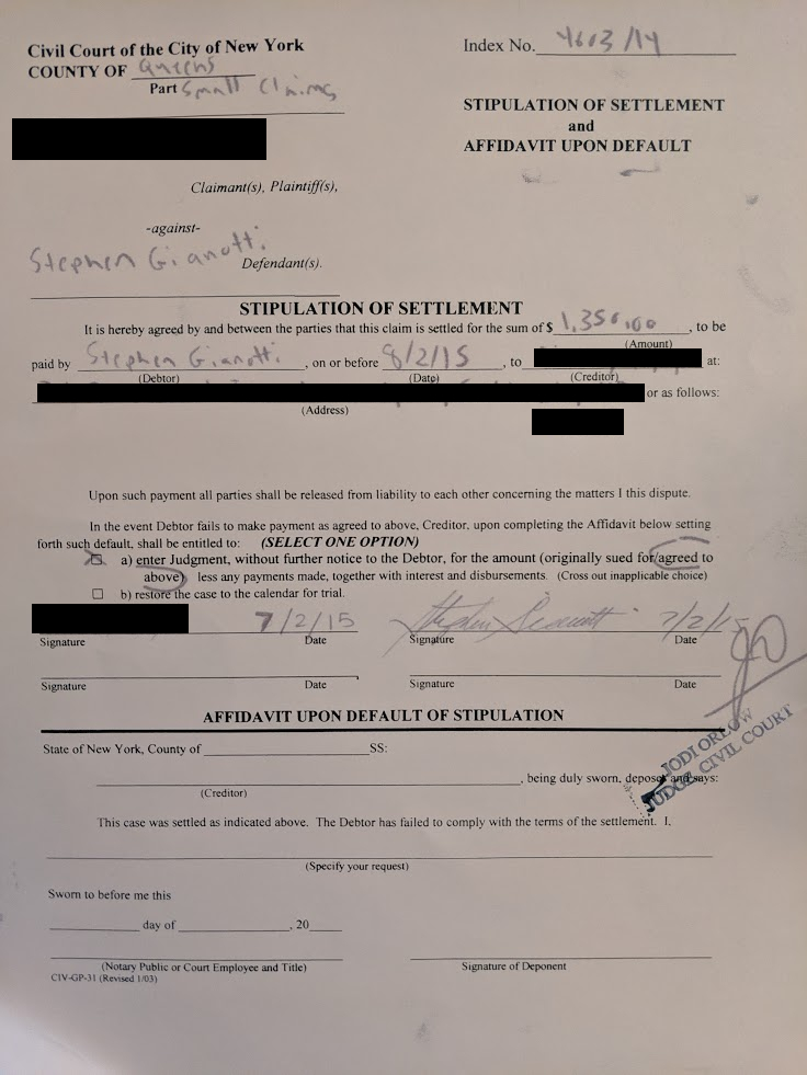 Stephen Gianotti, legal settlement in court